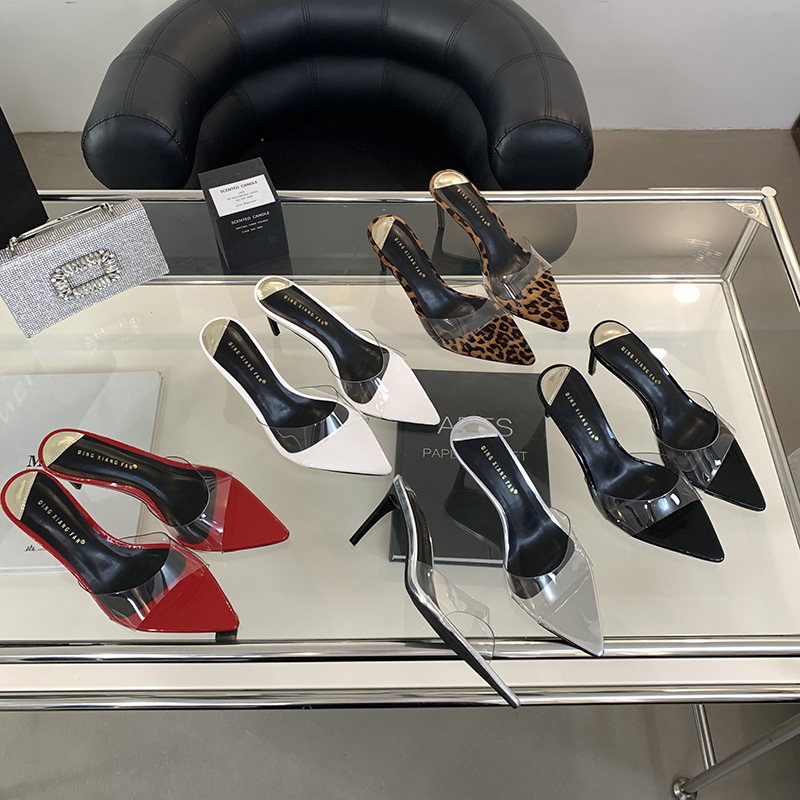 2024 Summer New European American Style Fashion Pointed Toe High Heel Sandals Simple Temperament Thin Heel Slippers