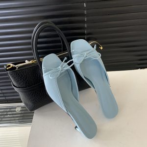 2024 New Sweet Bow Silk Low Heel Square Toe Sandals for Women Chunky Heel Slip On
