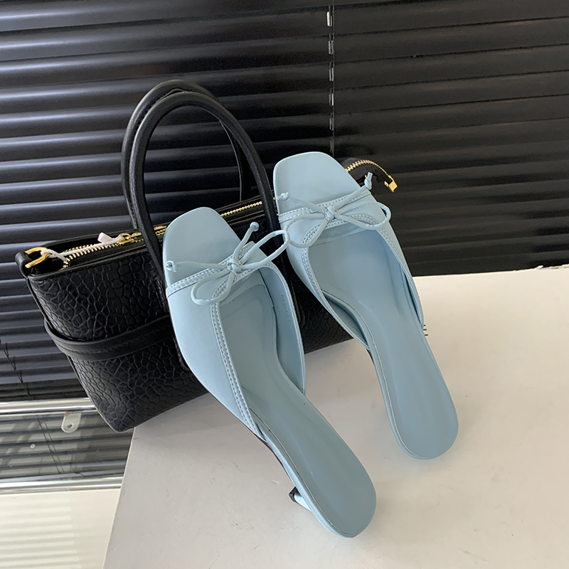 2024 New Sweet Bow Silk Low Heel Square Toe Sandals for Women Chunky Heel Slip On