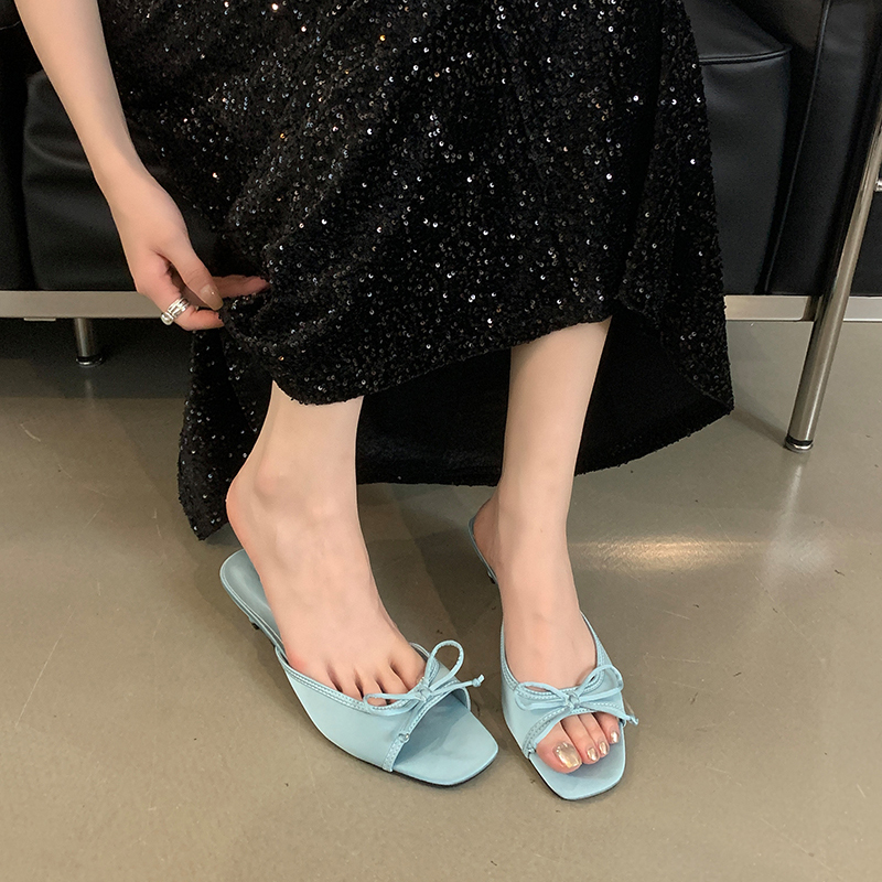 2024 New Sweet Bow Silk Low Heel Square Toe Sandals for Women Chunky Heel Slip On - Image 4