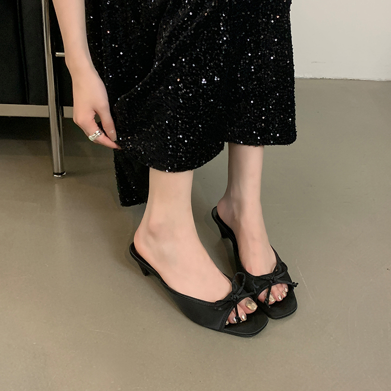 2024 New Sweet Bow Silk Low Heel Square Toe Sandals for Women Chunky Heel Slip On - Image 3