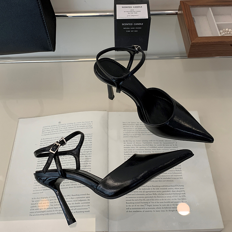 2024 Autumn New European American Fashion High Heel Closed Toe Sandals Women's Pointed Toe Thin Heel Backless Shallow Mouth Shoes - Image 3