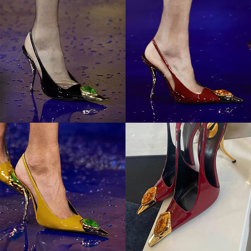 2025 Spring Summer Fashion Show Style European American Pointed Toe High Heel Shoes Light Luxury Gemstone Decorated Closed Toe Sandals - Image 2