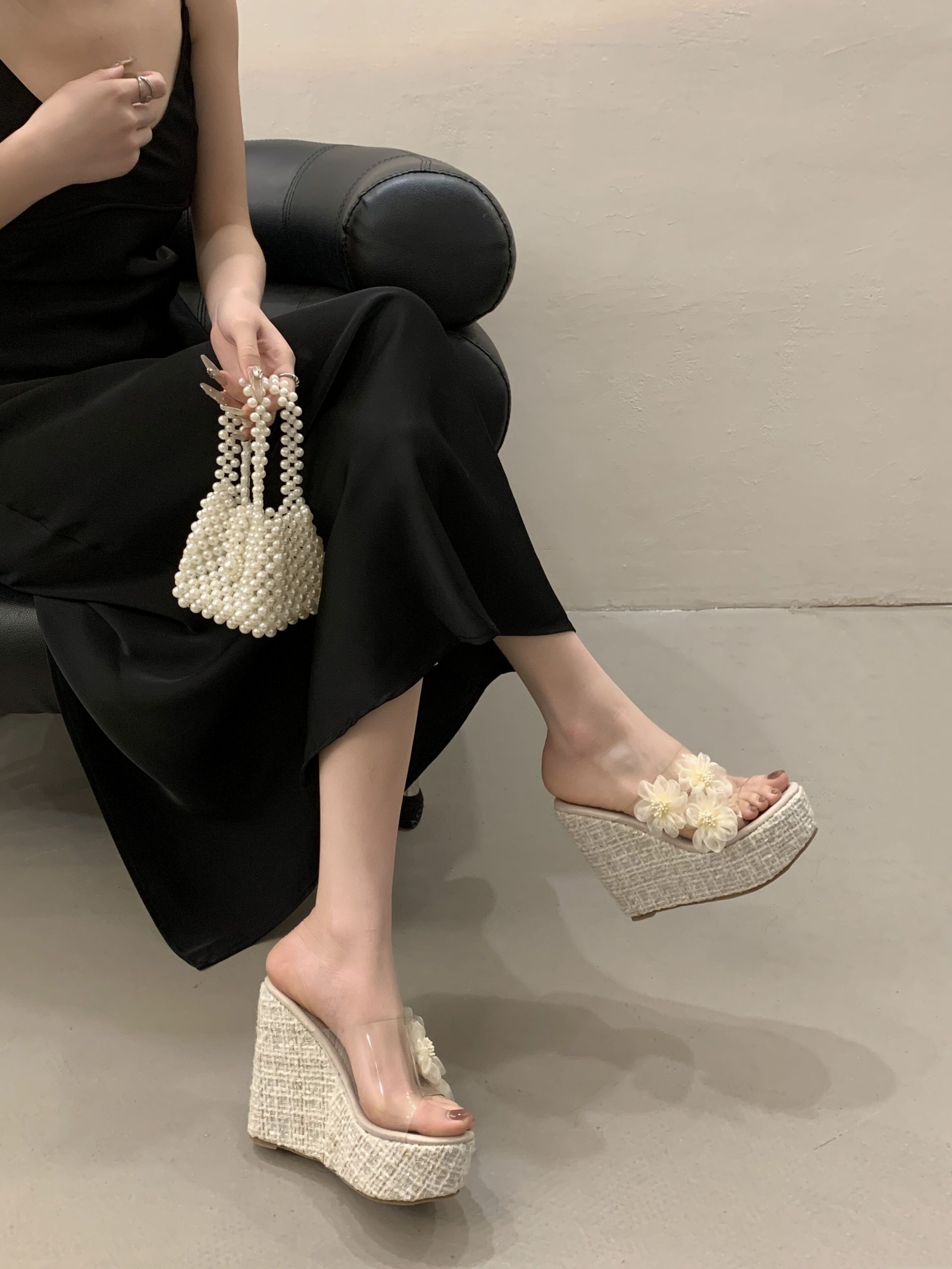 Vacation Style 2025 New Flower Decorated Wedge High Heel Sandals Slippers 35-40 Size 13CM - Image 3