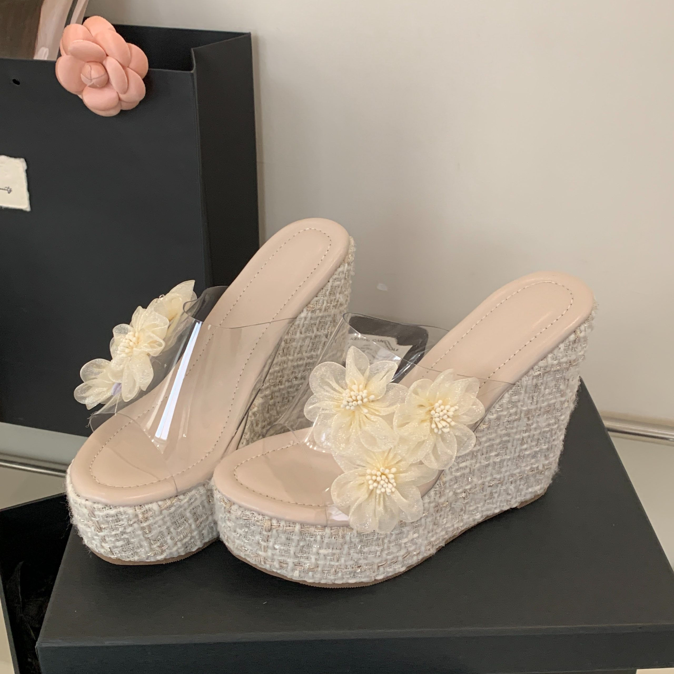 Vacation Style 2025 New Flower Decorated Wedge High Heel Sandals Slippers 35-40 Size 13CM - Image 5