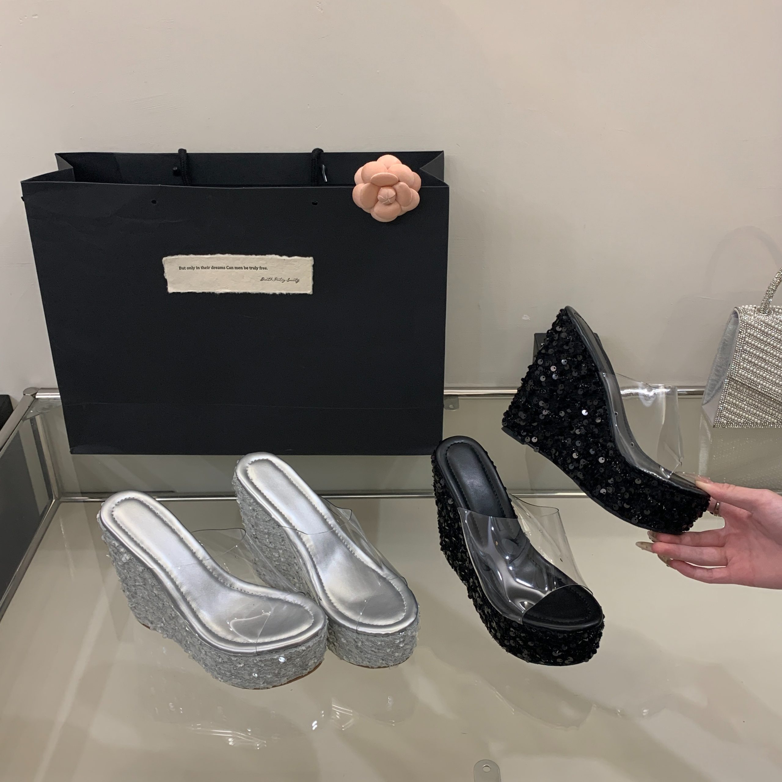Sequin Platform Wedge 13CM High Heel Transparent Vacation Sandals Slippers 35-40 - Image 5