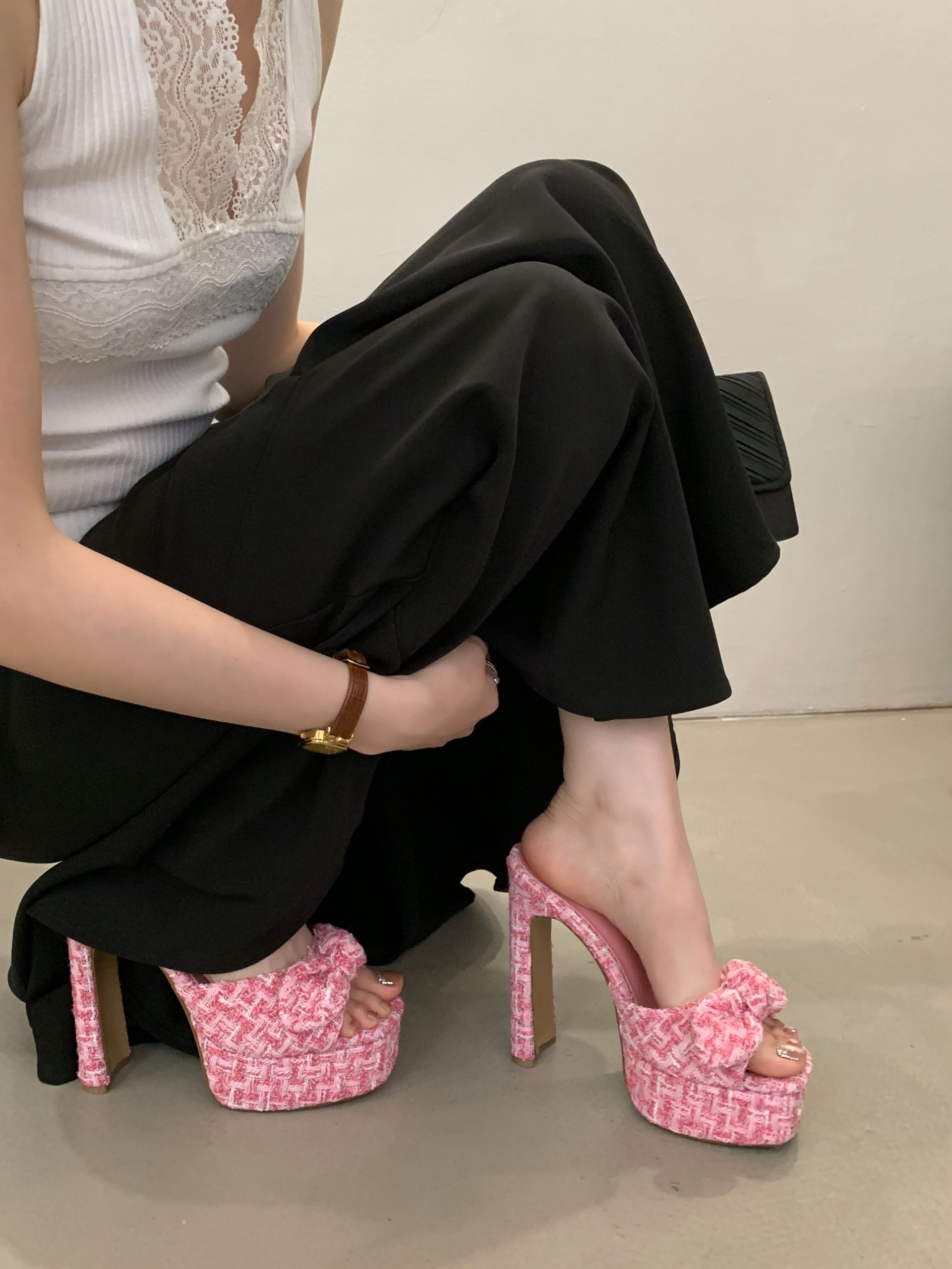 2025 New Chanel Style Pink High Heel Square Toe Square Heel Rhinestone Slip-On Sandals Slippers 35-40 - Image 2