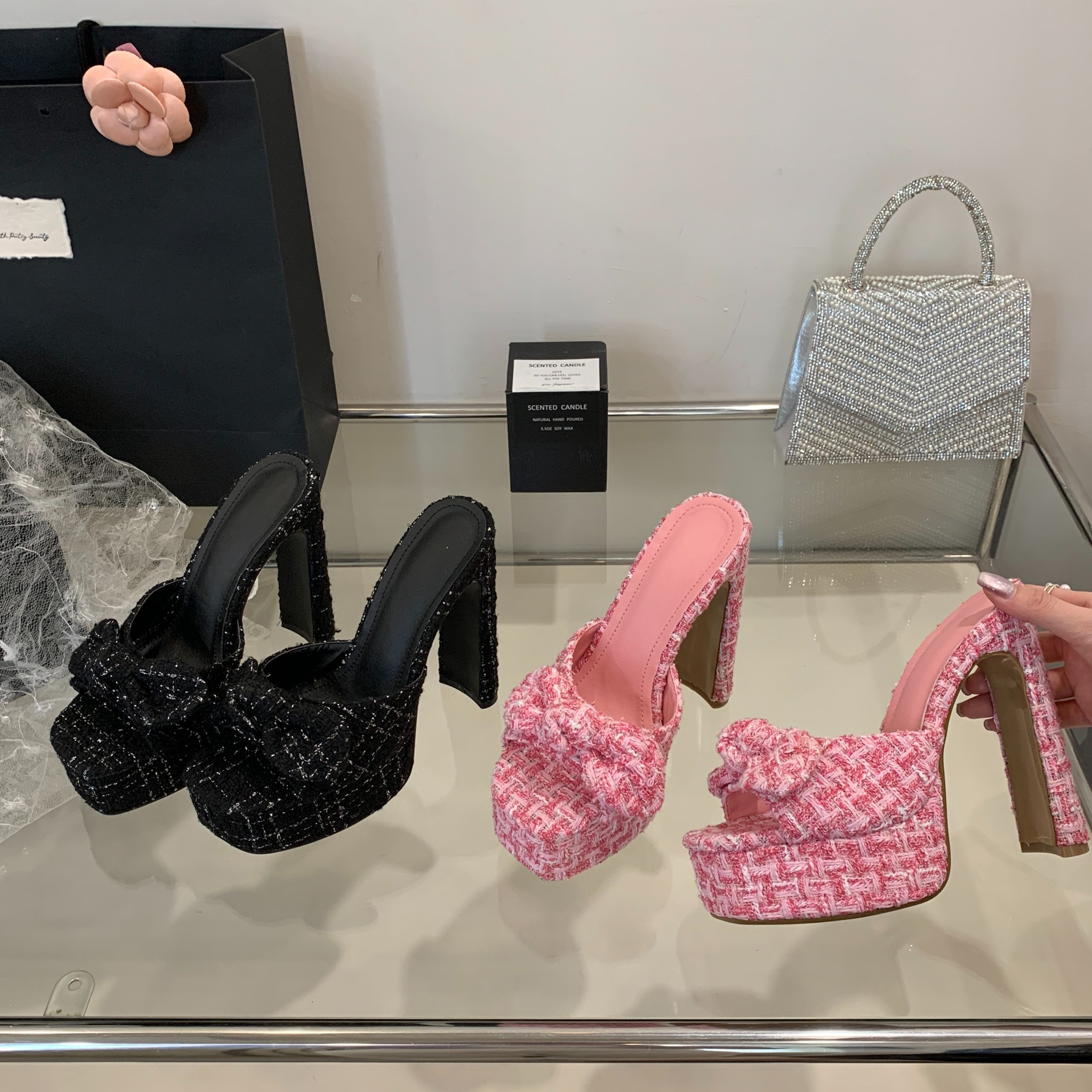 2025 New Chanel Style Pink High Heel Square Toe Square Heel Rhinestone Slip-On Sandals Slippers 35-40 - Image 5