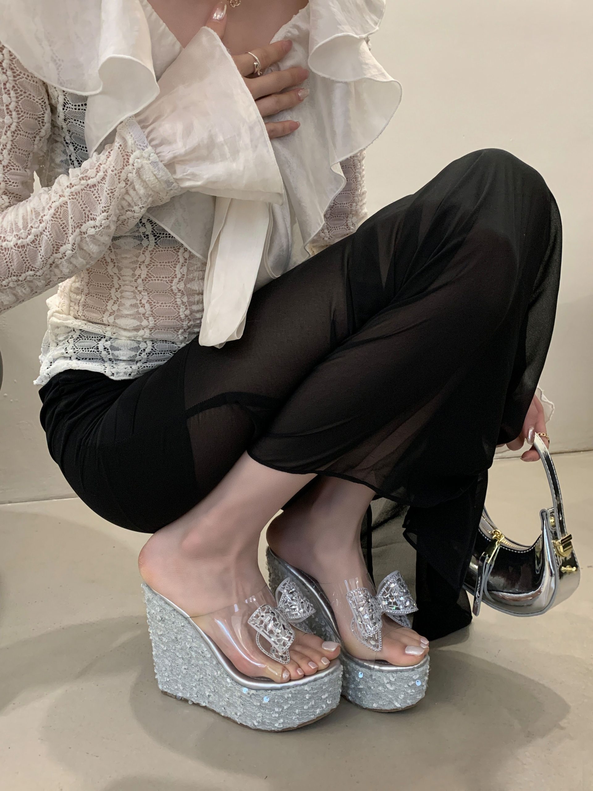 Rhinestone Bow 2025 New Style Wedge 13CM High Heel Women's Sandals Slippers 35-40 Size Versatile Women's Shoes