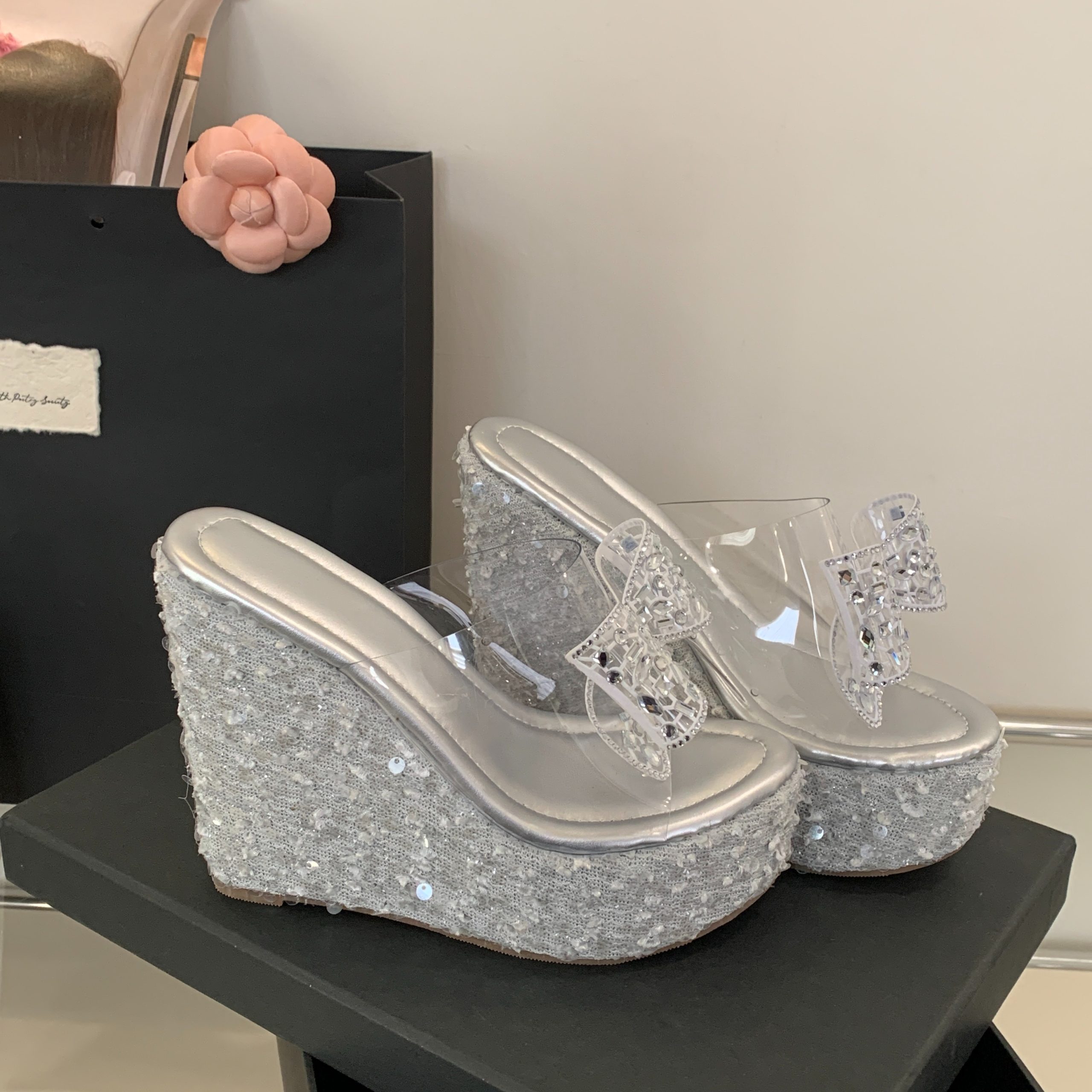 Rhinestone Bow 2025 New Style Wedge 13CM High Heel Women's Sandals Slippers 35-40 Size Versatile Women's Shoes - Image 5