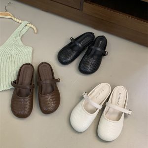 French Woven Slip-On Mule Sandals for Women - PU Leather Loafers with Strap, Low Heel, Casual Shoes