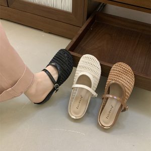 French Vacation Woven Low Heel Mules for Women 2026 Spring Summer Dress Shoes