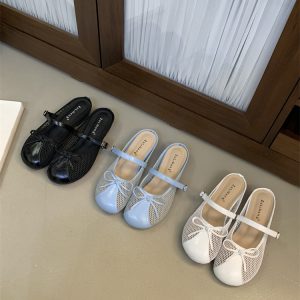Gentle Fairy Bow Round Toe Slippers Women 2026 Summer New Evening Wind Hollow Mesh Low Heel Half Slippers
