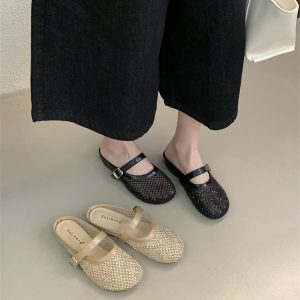 2026 New French Rhinestone Hollow-out Open Toe Half Slippers Women's Chunky Heel One-strap Mary Jane Sandals