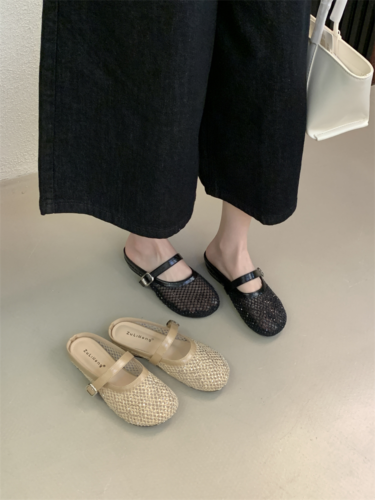 2026 New French Rhinestone Hollow-out Open Toe Half Slippers Women's Chunky Heel One-strap Mary Jane Sandals