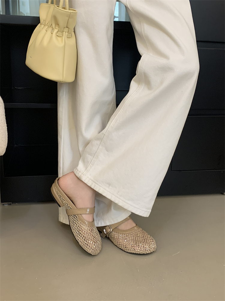 2026 New French Rhinestone Hollow-out Open Toe Half Slippers Women's Chunky Heel One-strap Mary Jane Sandals - Image 3
