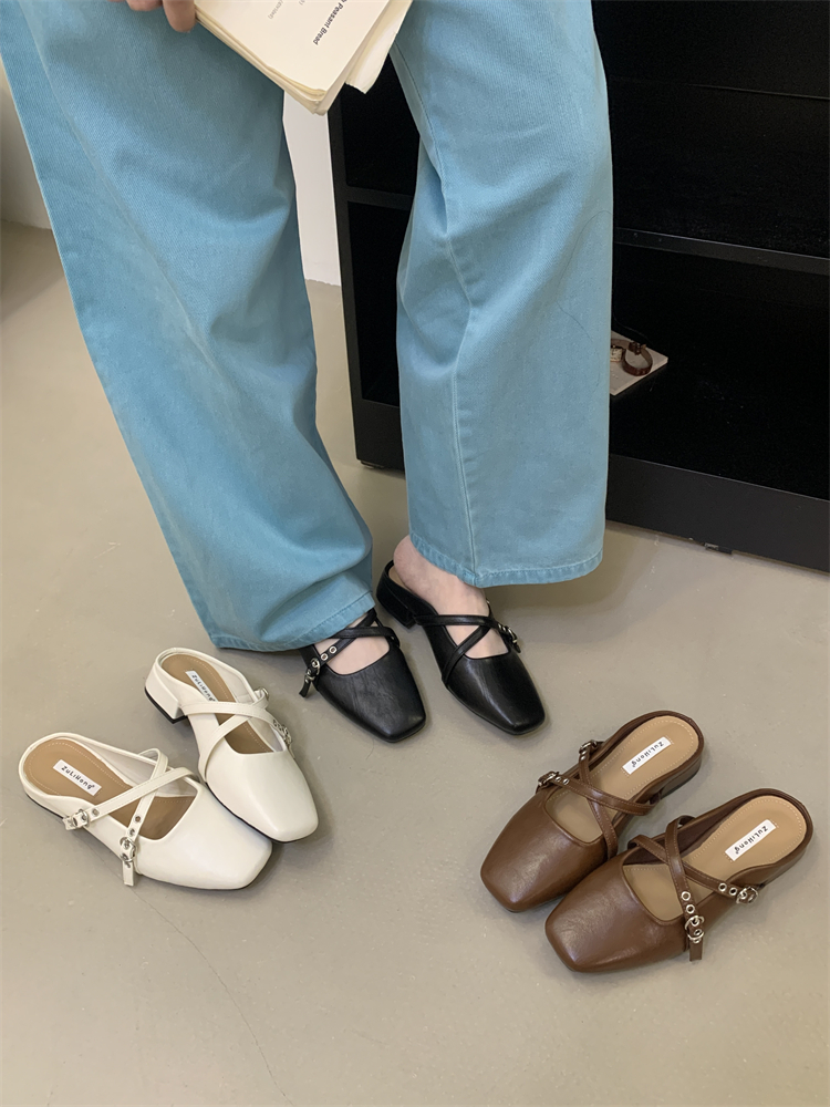 French Retro Closed-Toe Mule Slippers for Women - Mary Jane Slip-On Loafers, Low Heel, Soft PU, Casual Daily Shoes