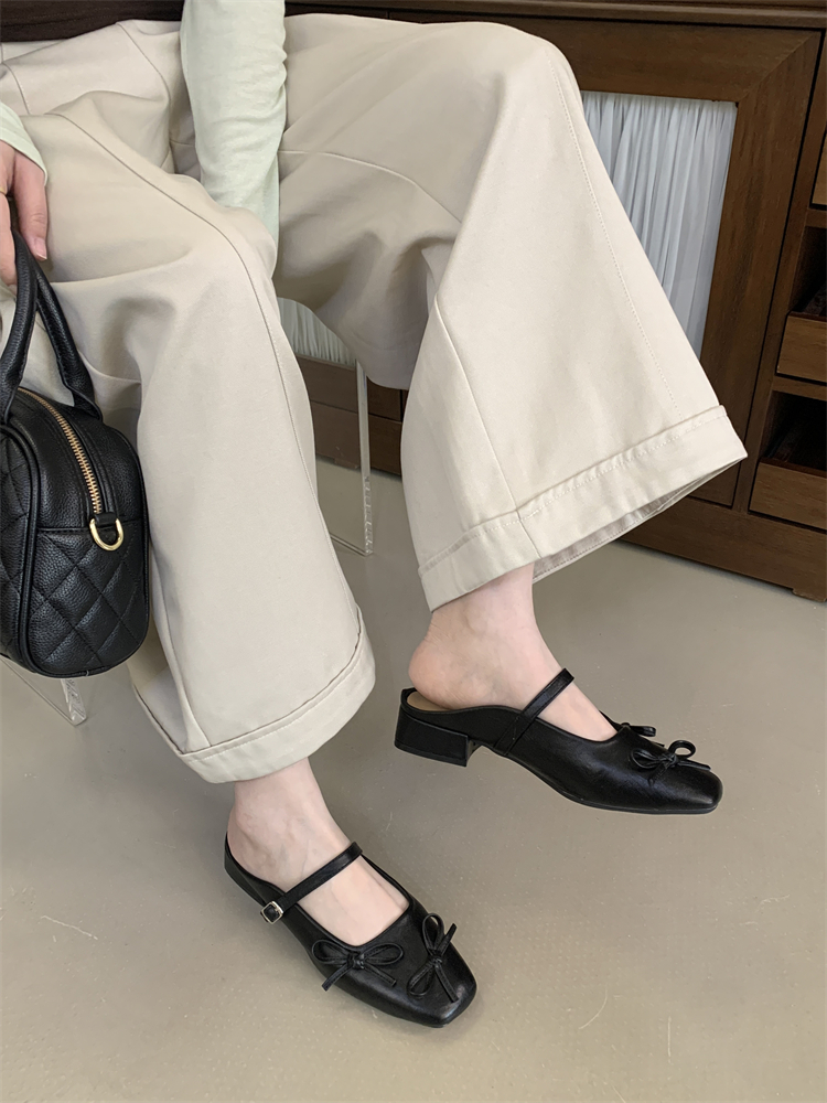 Ballet Bow Mary Jane Slippers for Women Low Heel Square Toe Slip-On Shoes - Image 2