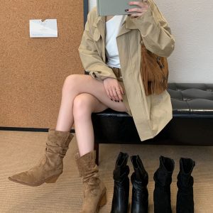 BUBUFLY Women's Western Chunky Heel Mid Calf Boots 2026 New Fashion Stacked Boots