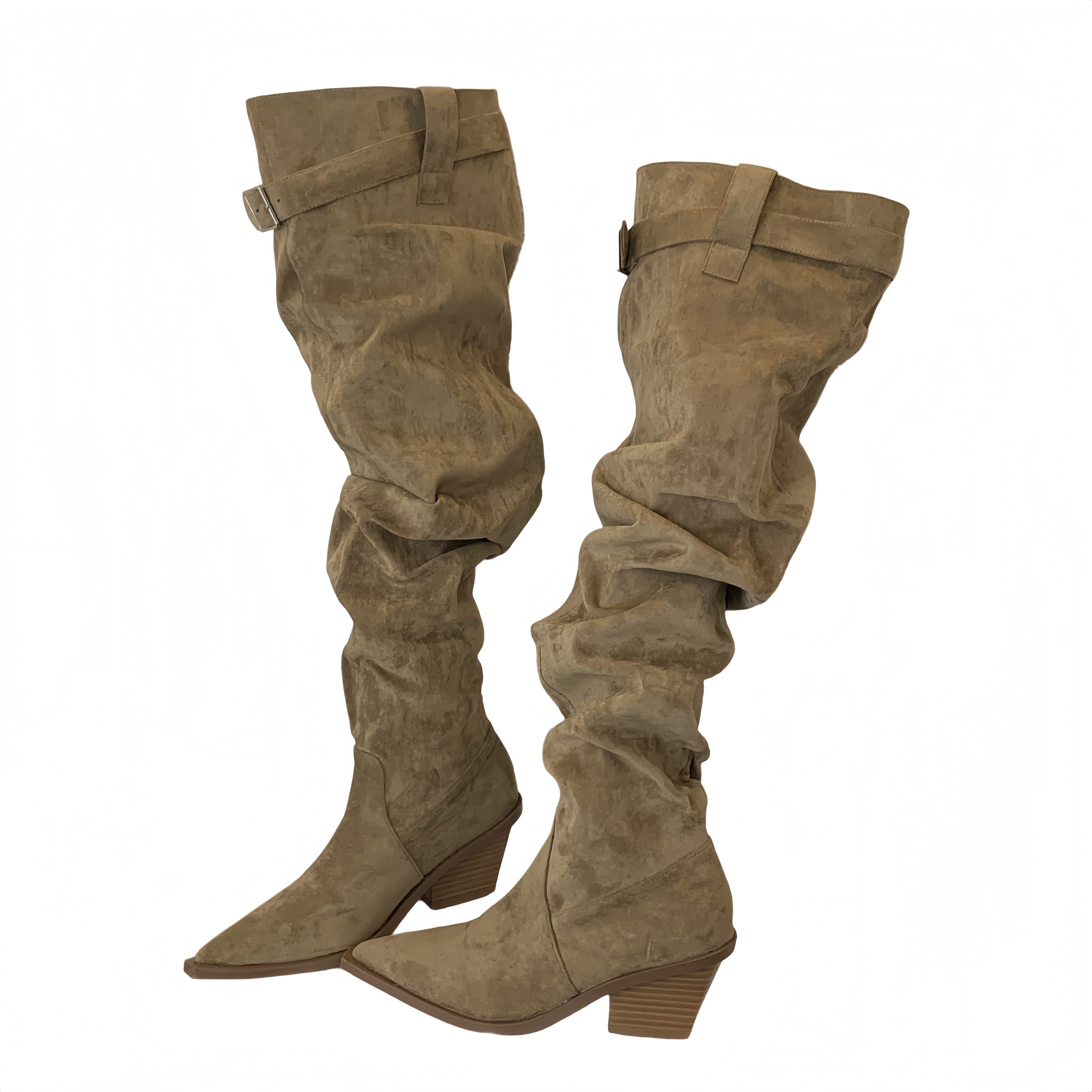 BUBUFLY Women's Over Knee Western Boots 2026 Fall Chunky Heel Pointed Toe Stretch Suede - Image 5