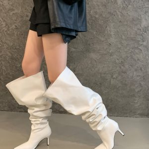Trendy High Heel Over Knee Boots for Women - Pointed Toe Slim Fit Black Leather Look Boots