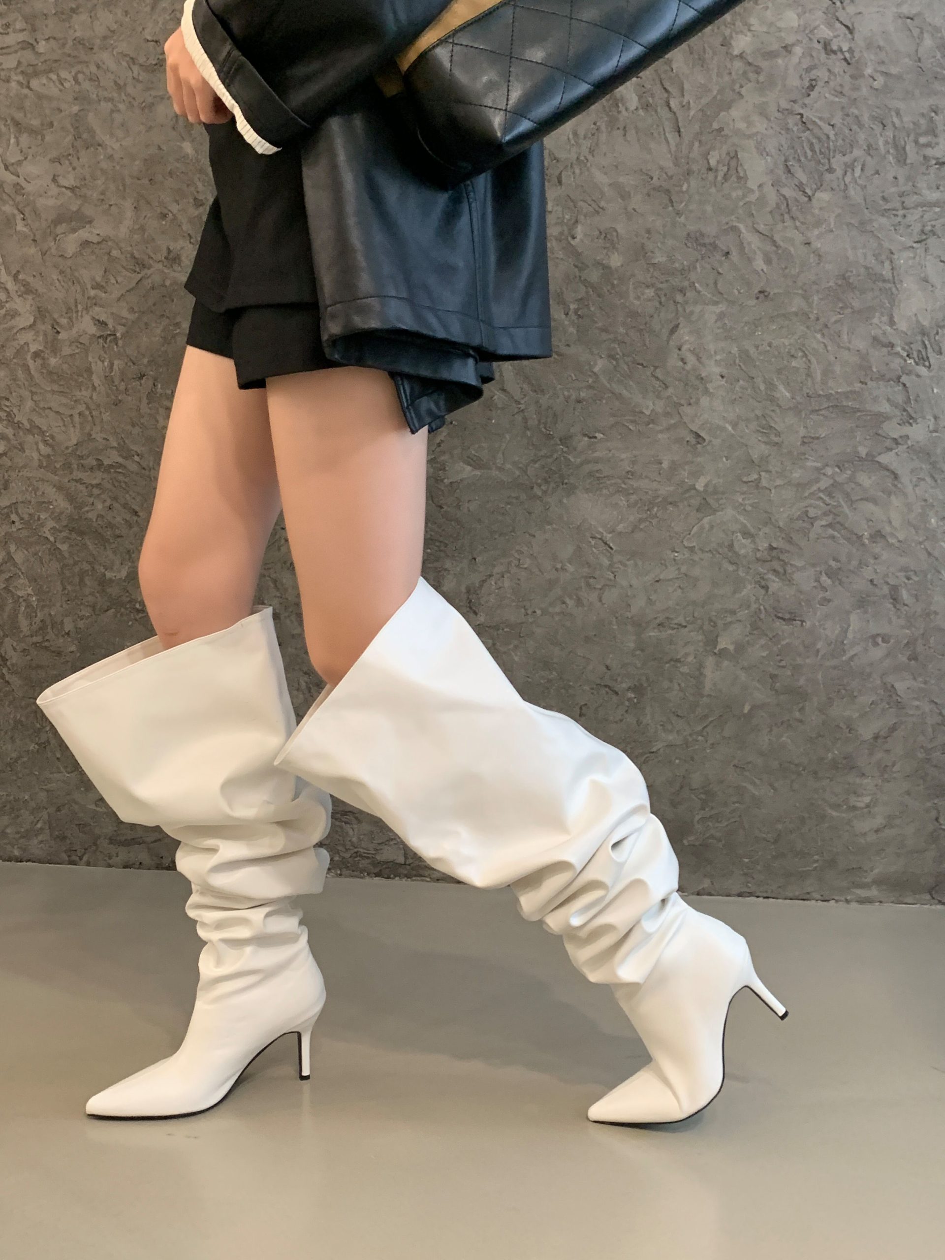 Trendy High Heel Over Knee Boots for Women - Pointed Toe Slim Fit Black Leather Look Boots
