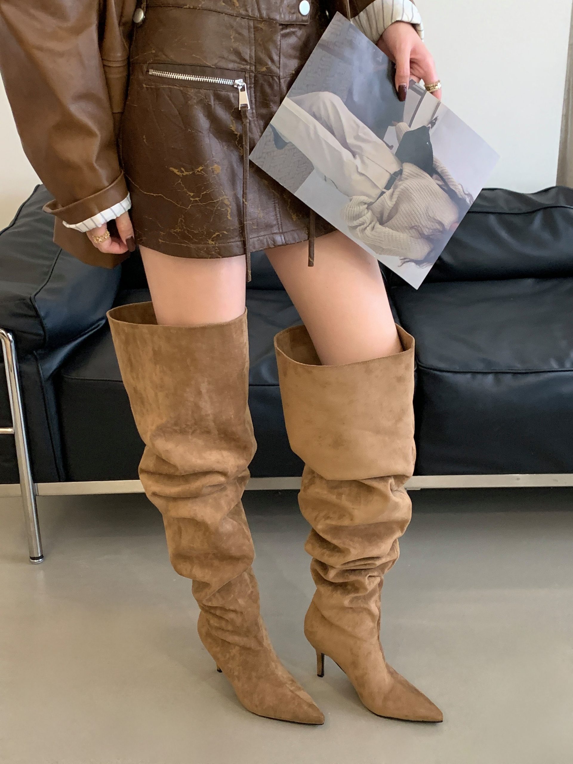 Trendy High Heel Over Knee Boots for Women - Pointed Toe Slim Fit Black Leather Look Boots - Image 3
