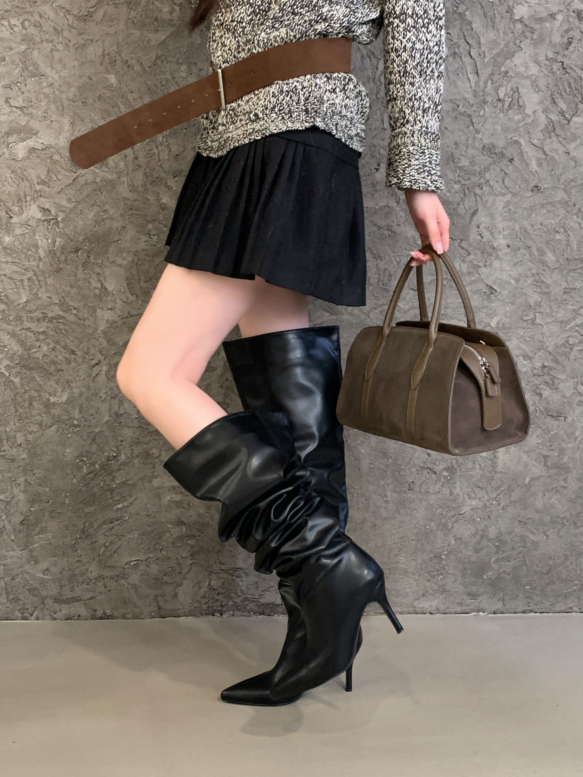 New Year Boots Pleated Stacked Boots Matte Black Leather Over Knee High Boots Women Pointed Toe Stiletto Heel Tall Boots - Image 3