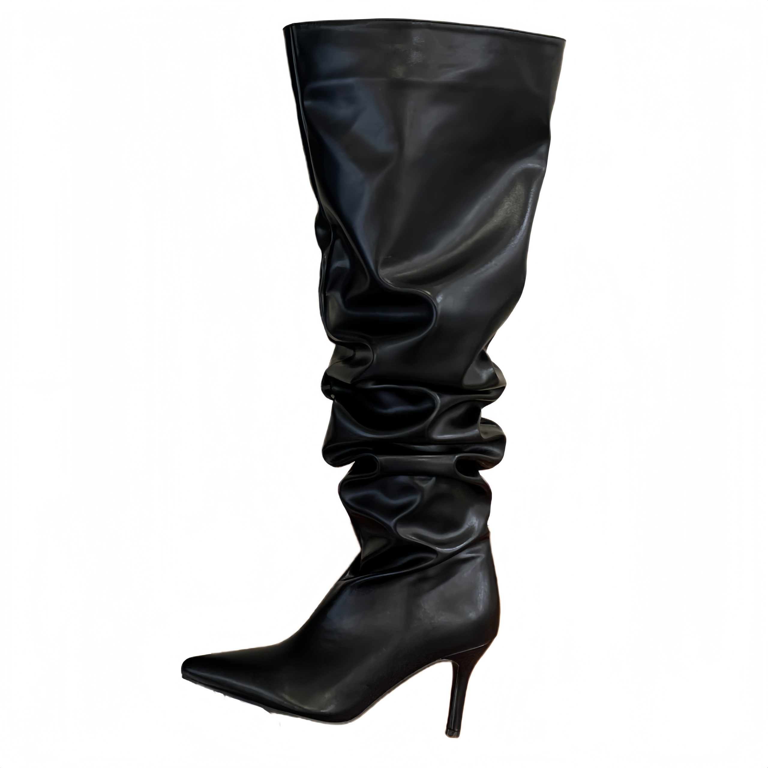 New Year Boots Pleated Stacked Boots Matte Black Leather Over Knee High Boots Women Pointed Toe Stiletto Heel Tall Boots - Image 5