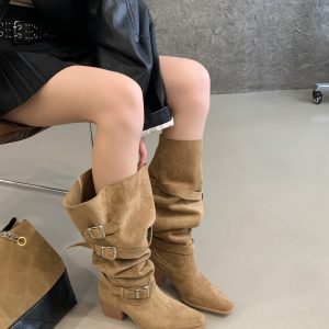 BUBUFLY Women's Faux Suede Over-Knee Chunky Heel Square Toe Wide Calf Boots 2026 Fall Winter Khaki