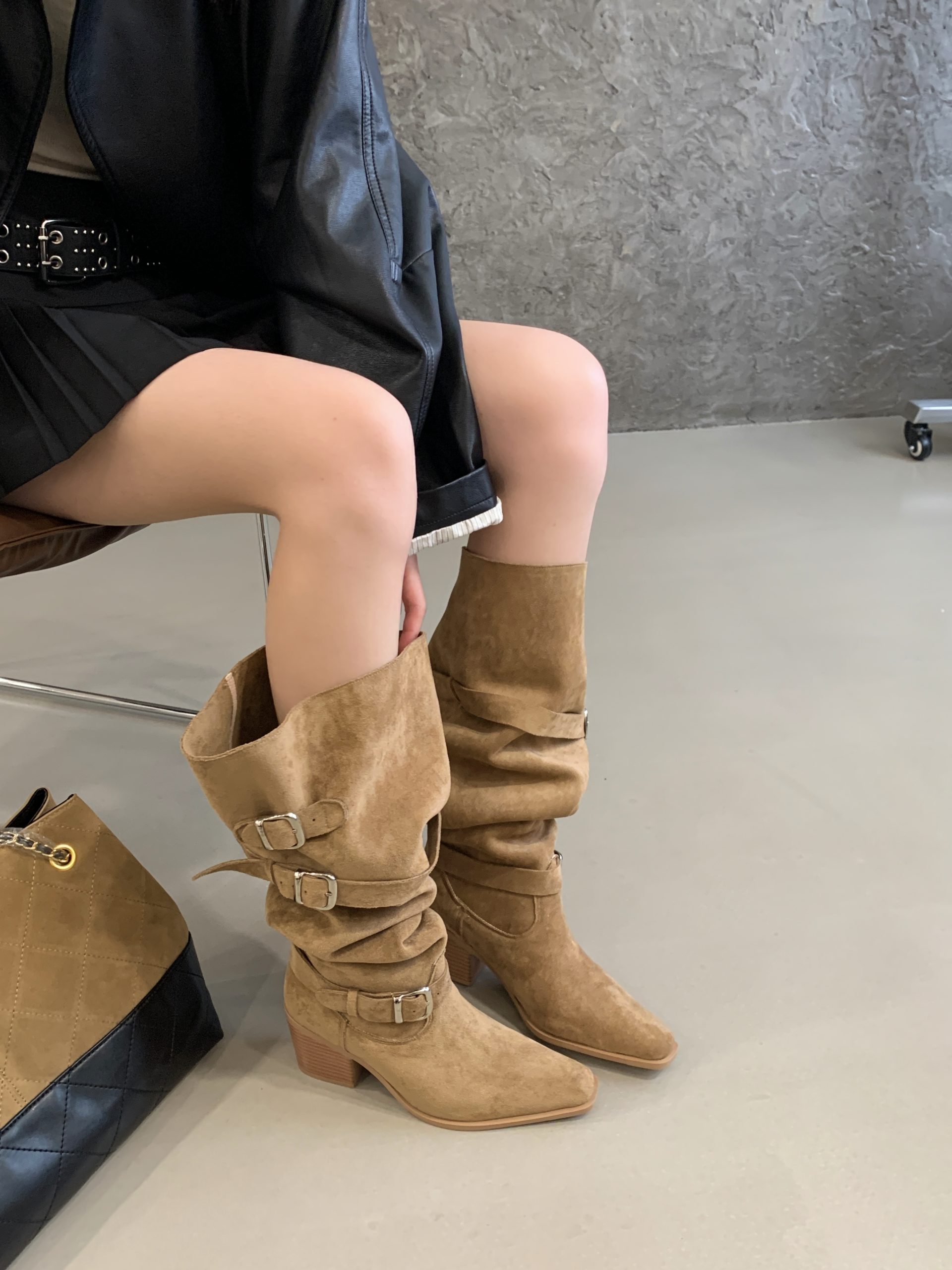 BUBUFLY Women's Faux Suede Over-Knee Chunky Heel Square Toe Wide Calf Boots 2026 Fall Winter Khaki