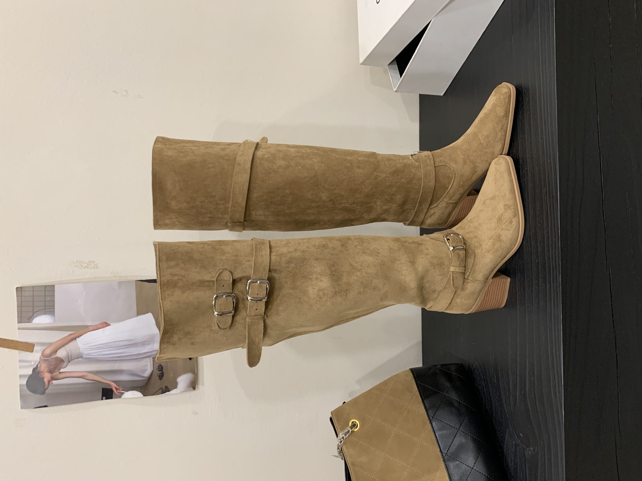 BUBUFLY Women's Faux Suede Over-Knee Chunky Heel Square Toe Wide Calf Boots 2026 Fall Winter Khaki - Image 4