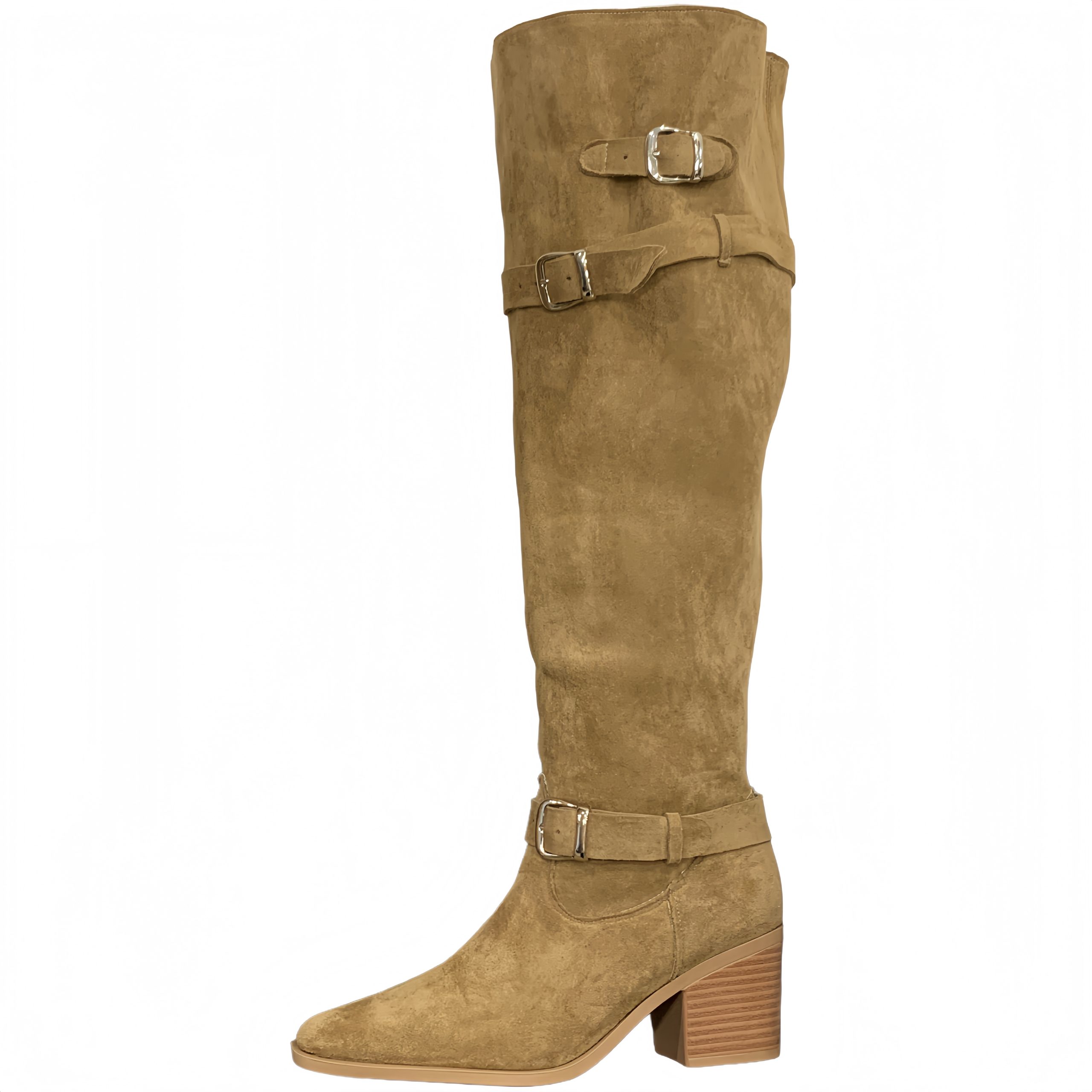 BUBUFLY Women's Faux Suede Over-Knee Chunky Heel Square Toe Wide Calf Boots 2026 Fall Winter Khaki - Image 5