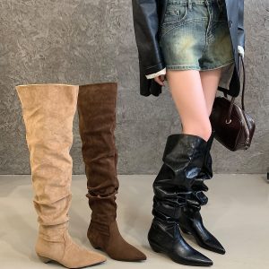2026 Pointed Toe Vintage Style Riding Boots Fashion Slim Fit Versatile Stacked Heel Women's Slip-On Over Knee Boots