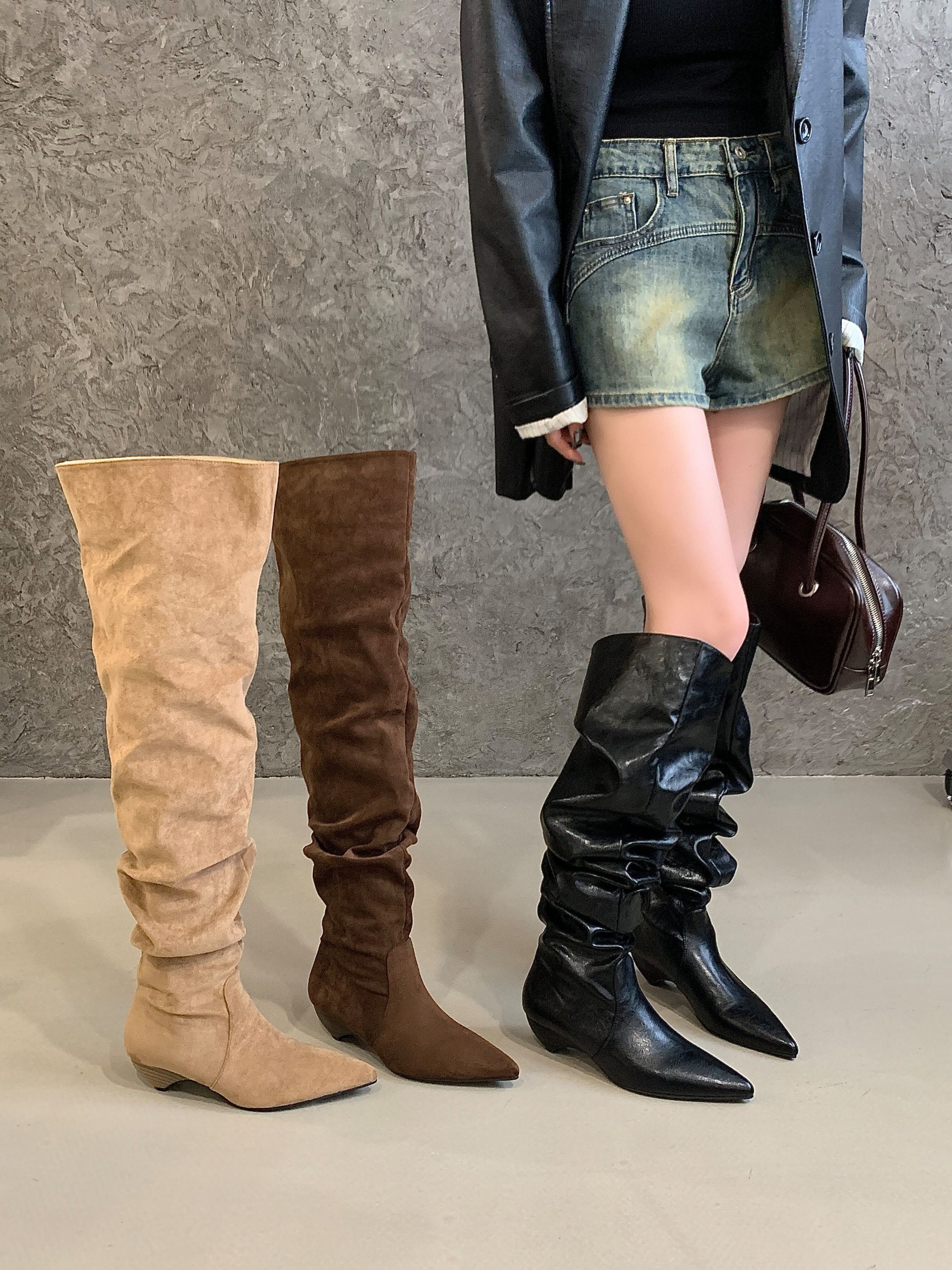 2026 Pointed Toe Vintage Style Riding Boots Fashion Slim Fit Versatile Stacked Heel Women's Slip-On Over Knee Boots
