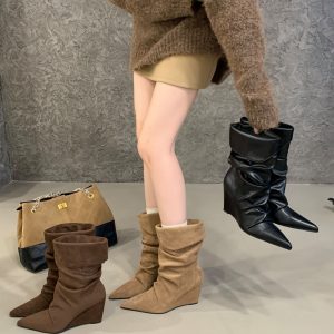BUBUFLY Women's Pointed Toe Wedge Ankle Boots 2026 New Arrival Faux Suede Stacked Heel Short Boots